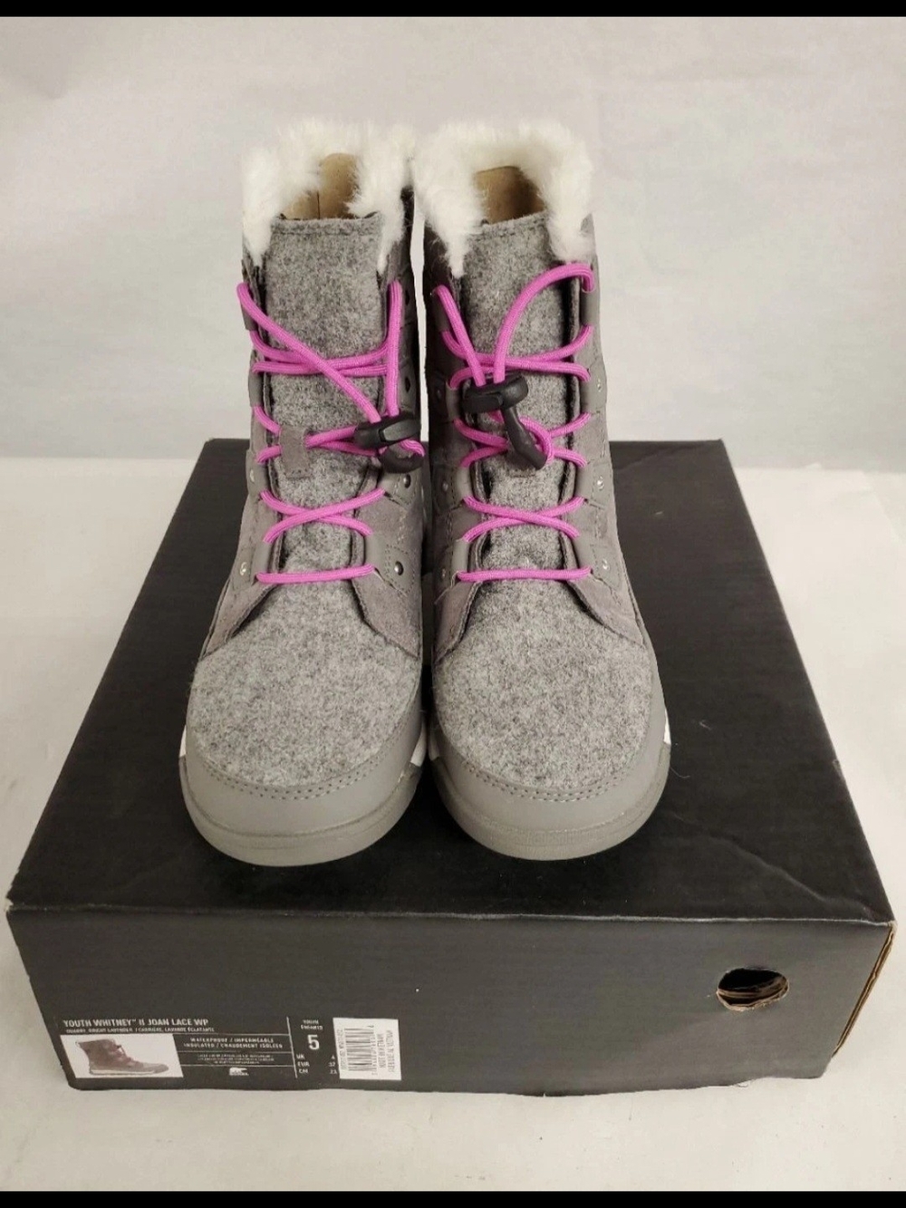 Sorel Youth Whitney II Joan Lace WP Waterproof Boots Grey Pink Size 5
